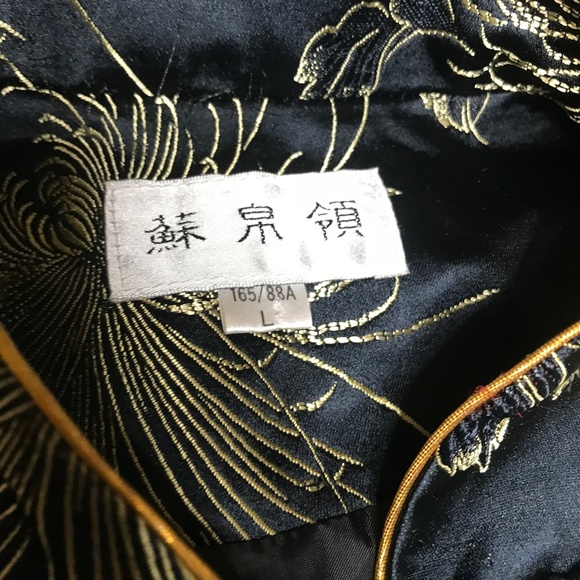 Vintage Oriental Satin Embroidered Jacket – Navy Gold Floral - Picture 7 of 7